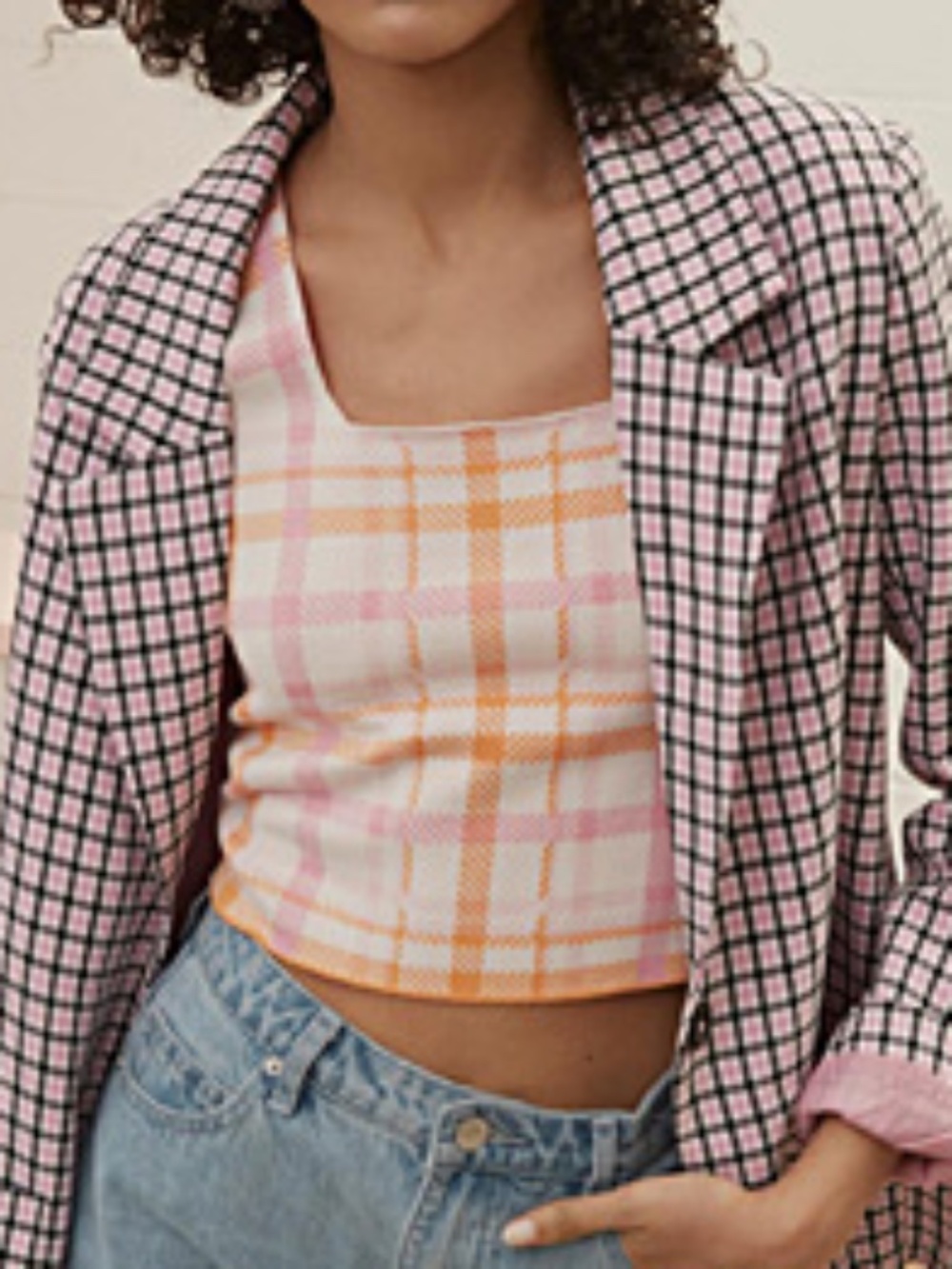 Boho white, pink and orange jacquard plaid knit cropped cami NWT